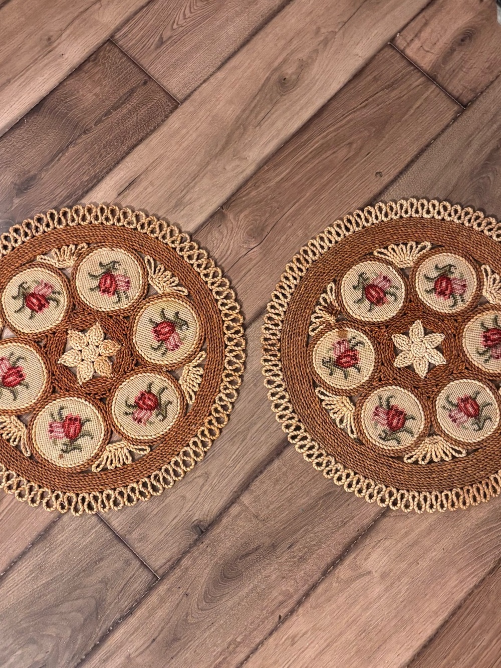 Handmade Brown & Cream Floral Round Placemats - Set of 2